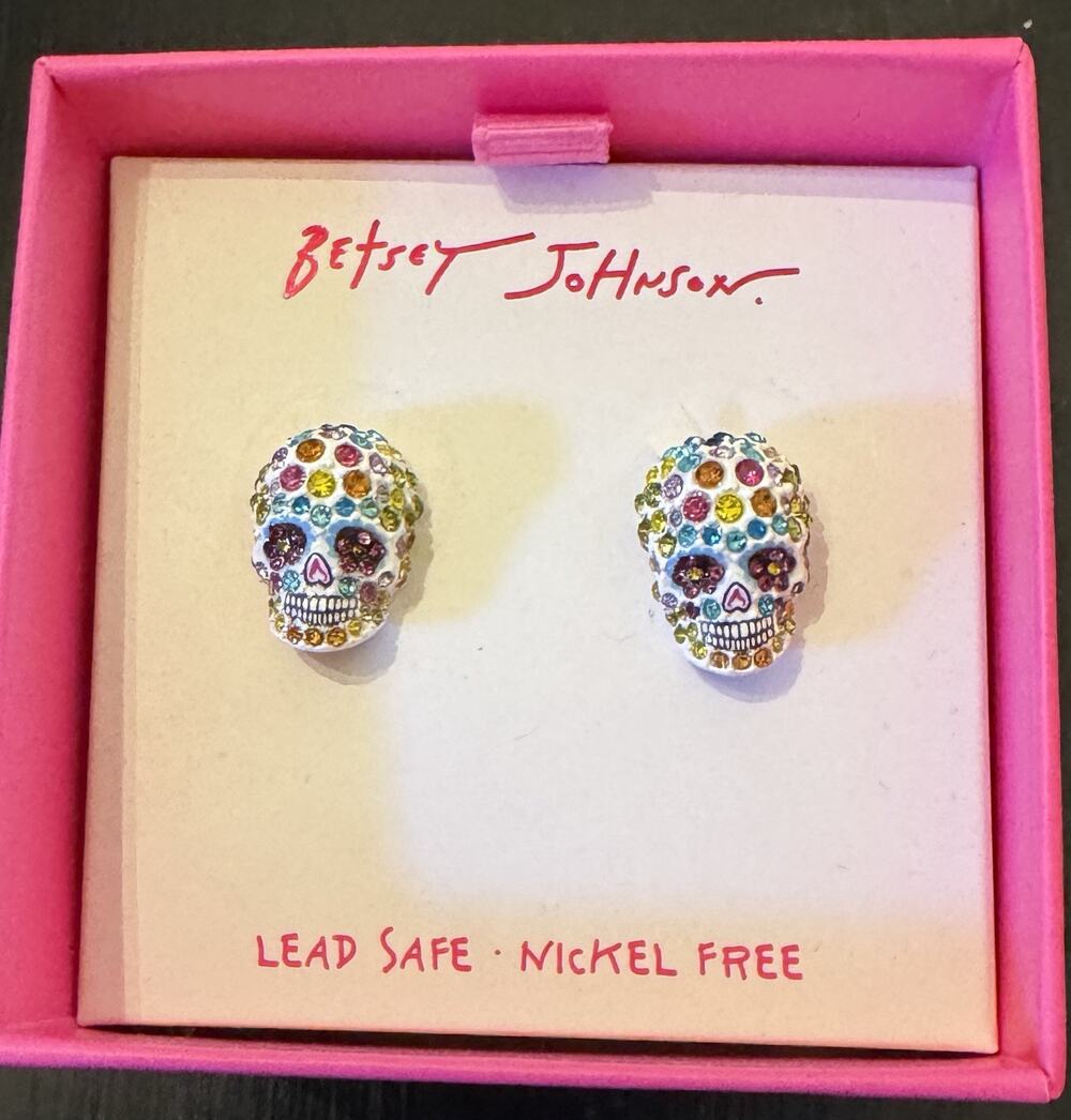 Betsey Johnson Pave Skull Stud Earrings Multi Color Rhinestone Halloween NWT Box